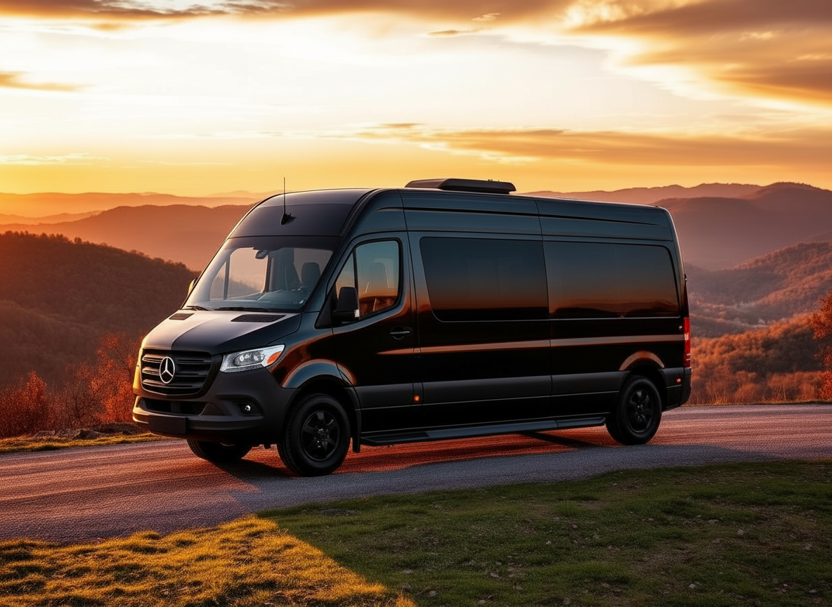 Black Mercedes Sprinter at Ozark mountain overlook at sunset