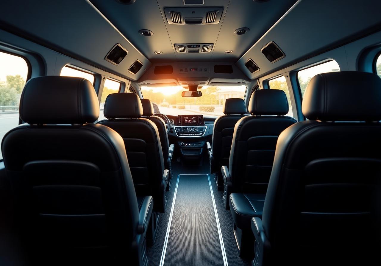 Interior of 12-passenger Sprinter with leather captain seats