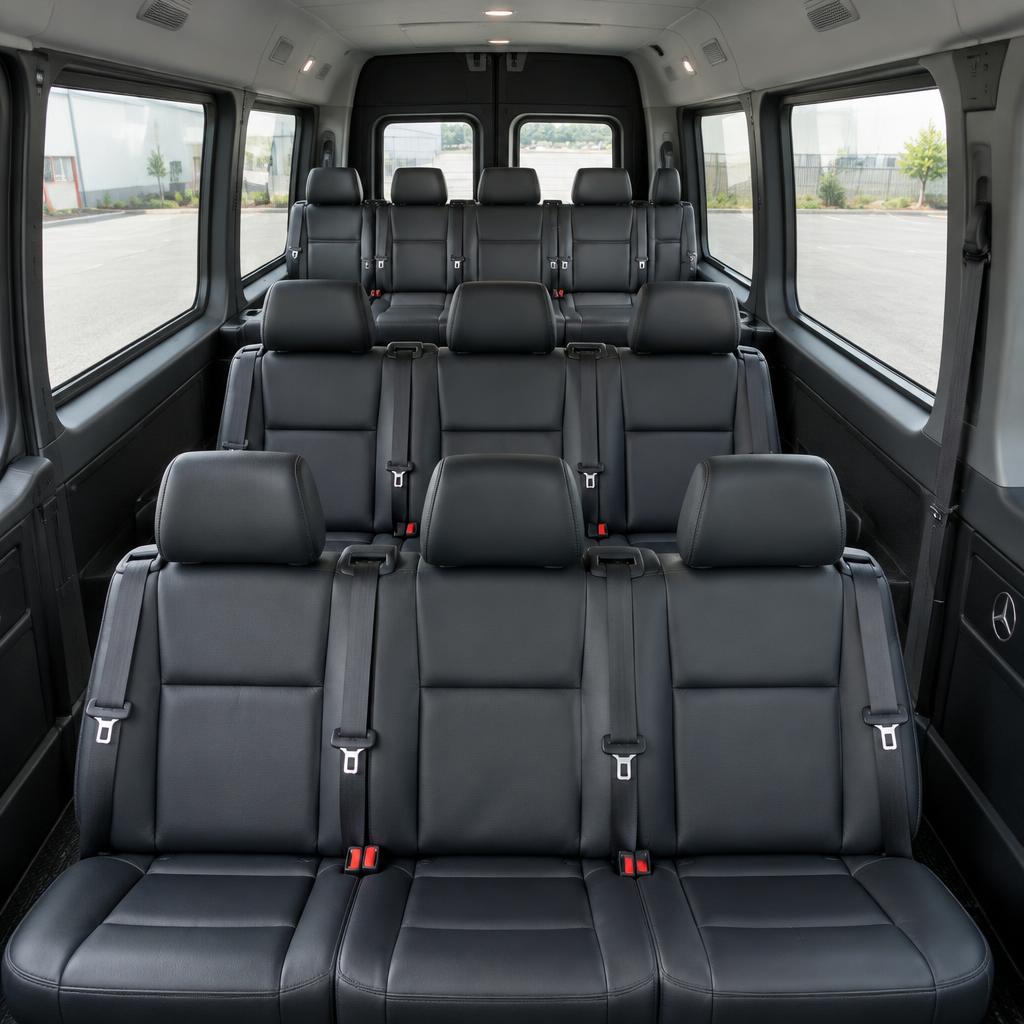 Interior of 12-passenger Sprinter with black leather bench seating