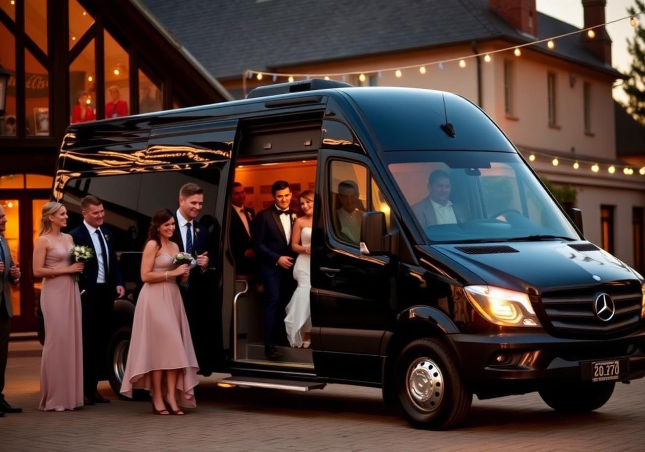 Wedding party boarding a Sprinter outside an evening venue