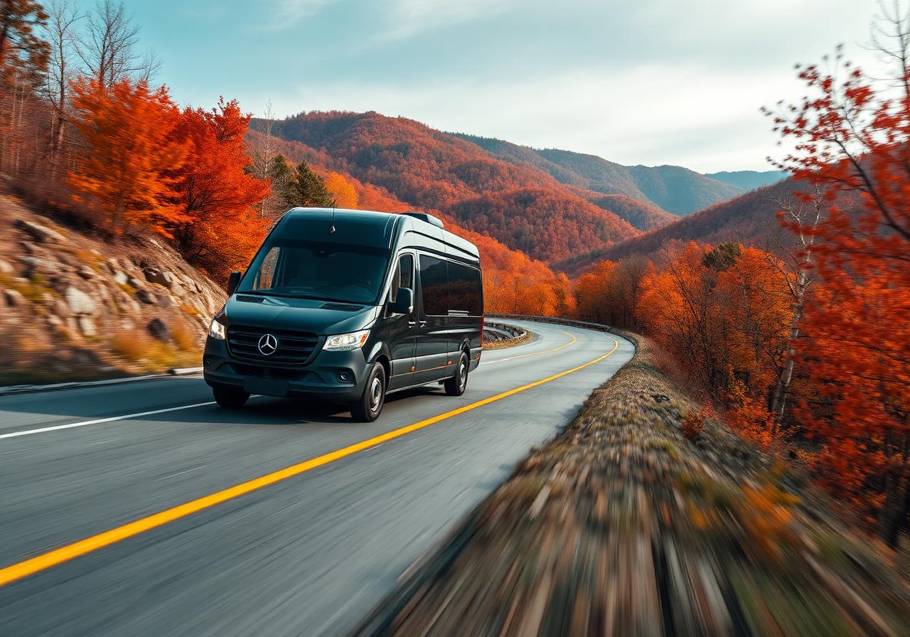 Sprinter on a winding Ozark road during fall foliage