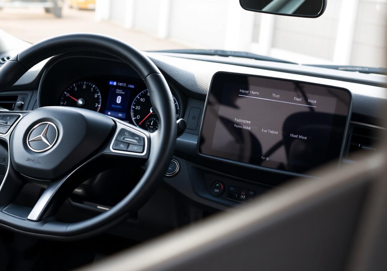 Mercedes-Benz Sprinter dashboard with infotainment and leather steering wheel