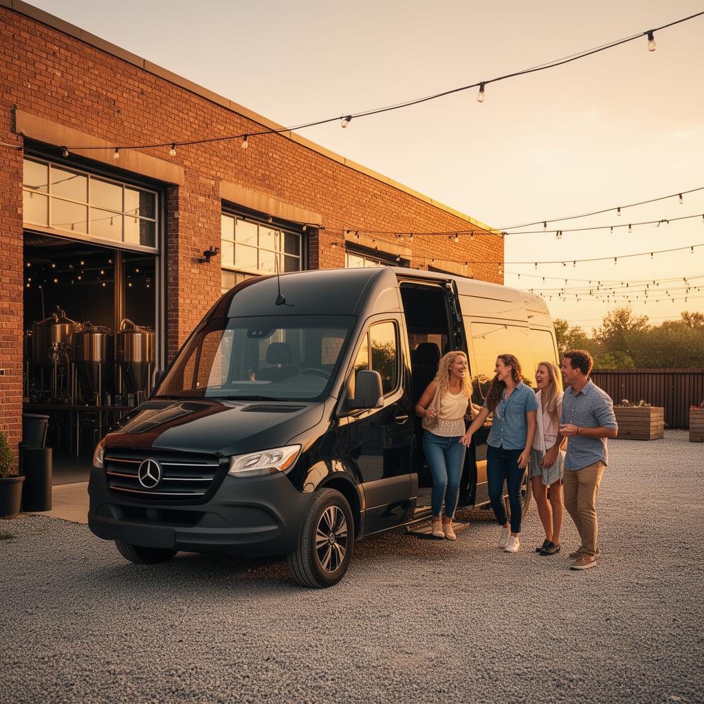 Group stepping out of a black Sprinter van at a craft brewery at sunset